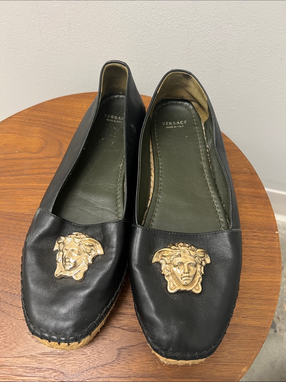 Versace Black Leather Flats with Gold Medusa Emblem